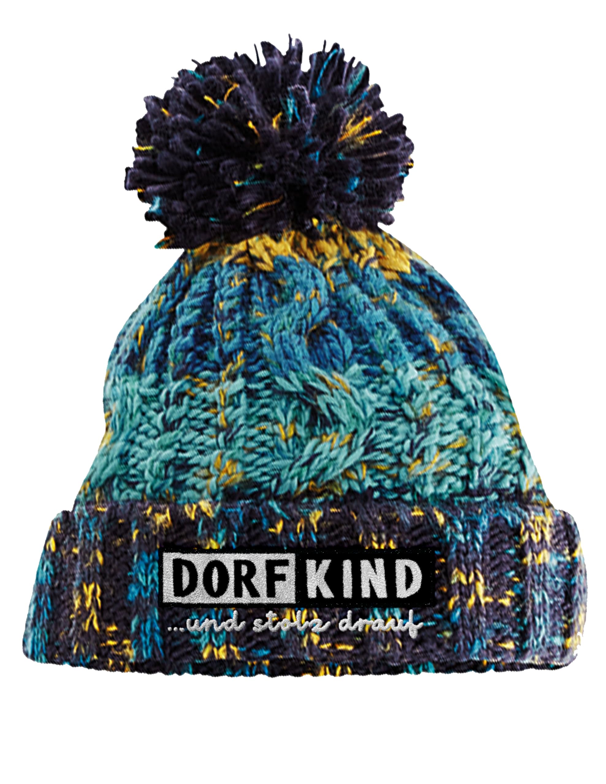 Bommelmütze mit Stickerei Dorfkind und stolz Drauf aus mehrfarbigem Strick mit Zopfmuster doppellagig warm gefüttert mit Thermalband Unisex Wintermütze