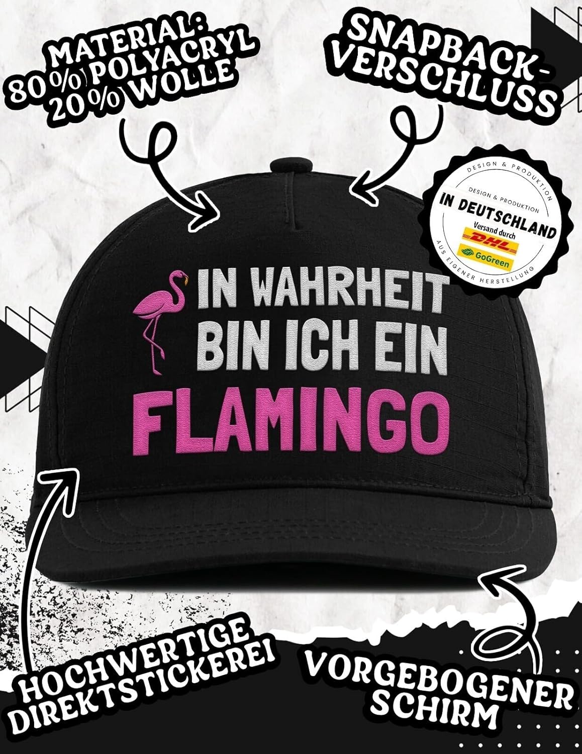 Snapback mit Spruch - In Wahrheit Bin ich EIN Flamingo - Lustige Cap für Damen und Herren - Statement Geschenk - Humorvolle 5-Panel Kappe - Bestickte Trucker Cap in 3 Farben
