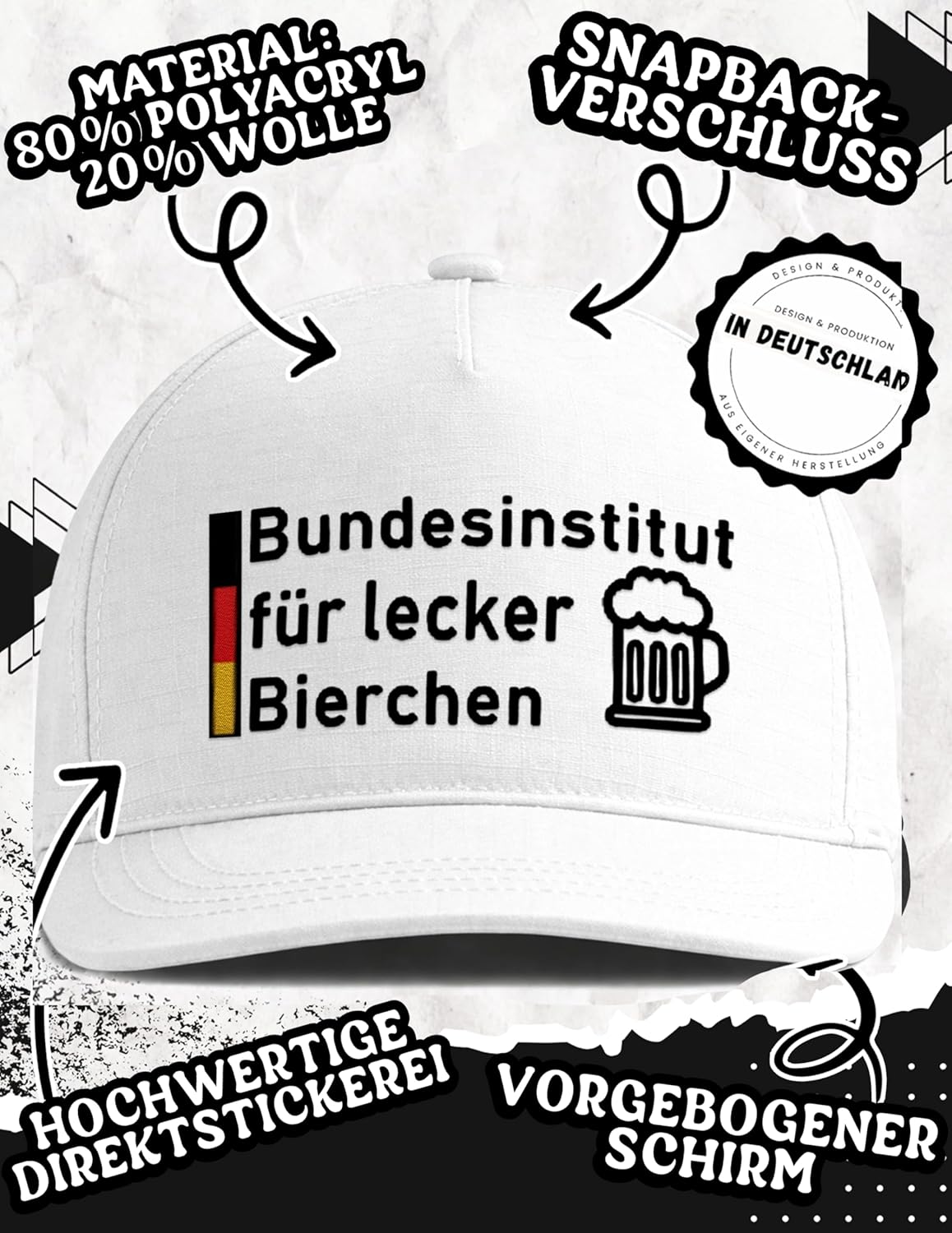 Snapback Cap weiße Basecap Bestickt mit Bier Motiv, Verstellbarer Snapback Verschluss, witziges Accessoire für Männer Frauen Party Festival – Bundesinstitut für lecker Bierchen
