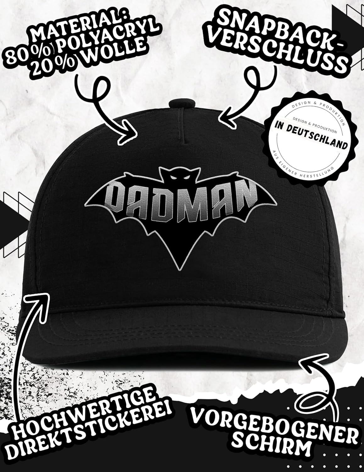 Snapback Cap mit DADMAN Stick – Lustige Superhelden-Cap für Väter mit Humor – Fledermaus Design für Papa, Vater, Alltag, Freizeit, Vatertag, Männer, Statement Cap, Papa-Look mit Ironie