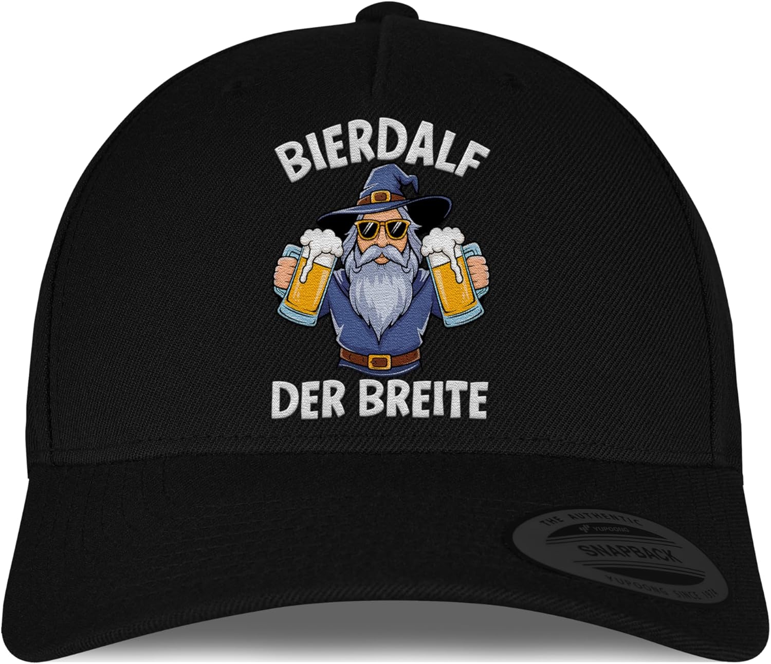 Snapback Cap BIERDALF DER BREITE – Lustige Cap mit Zauberer, Bart & Bierkrügen, hochwertig Bestickt – Festival-Accessoire für Männer und Feierabend-Helden