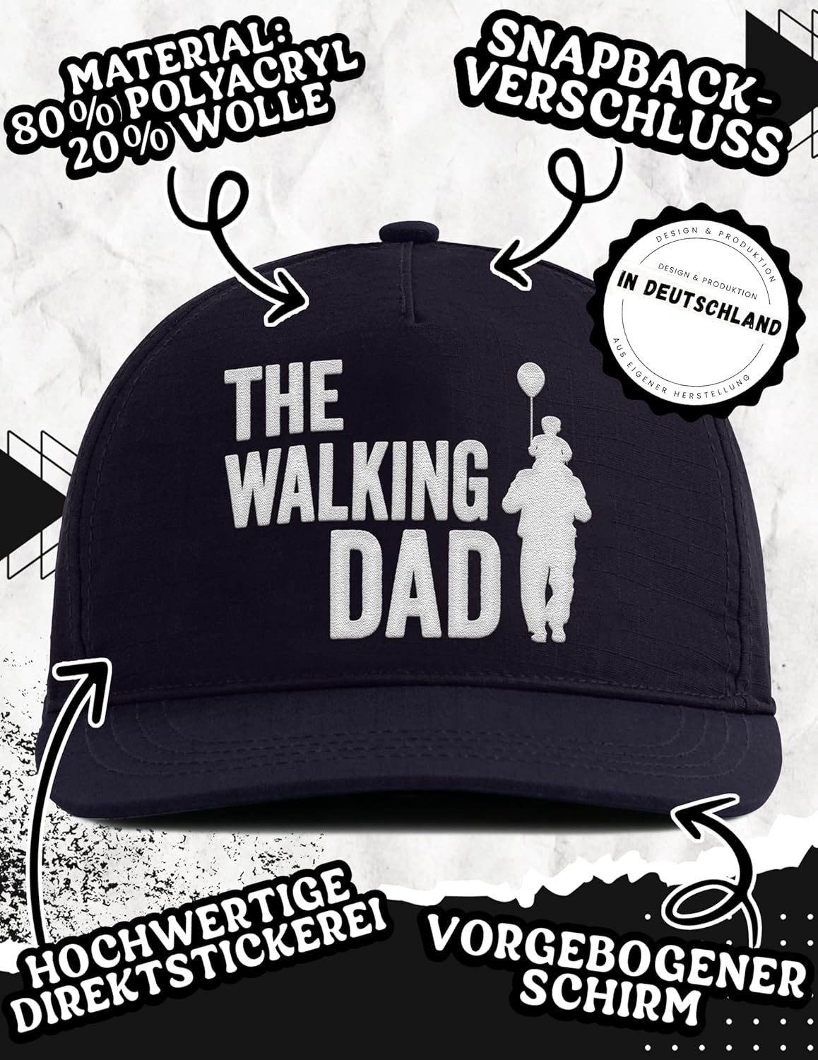 Snapback Cap The Walking DAD Bestickt - lustiges Geschenk für Papa, Vatertag, Geburt, Geburtstag - Cap für Väter, Humorvolles Accessoire