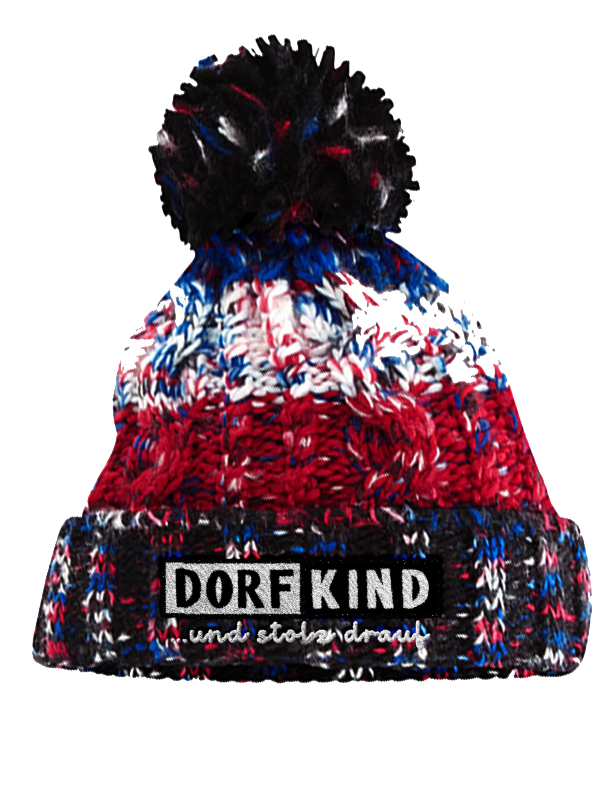 Bommelmütze mit Stickerei Dorfkind und stolz Drauf aus mehrfarbigem Strick mit Zopfmuster doppellagig warm gefüttert mit Thermalband Unisex Wintermütze