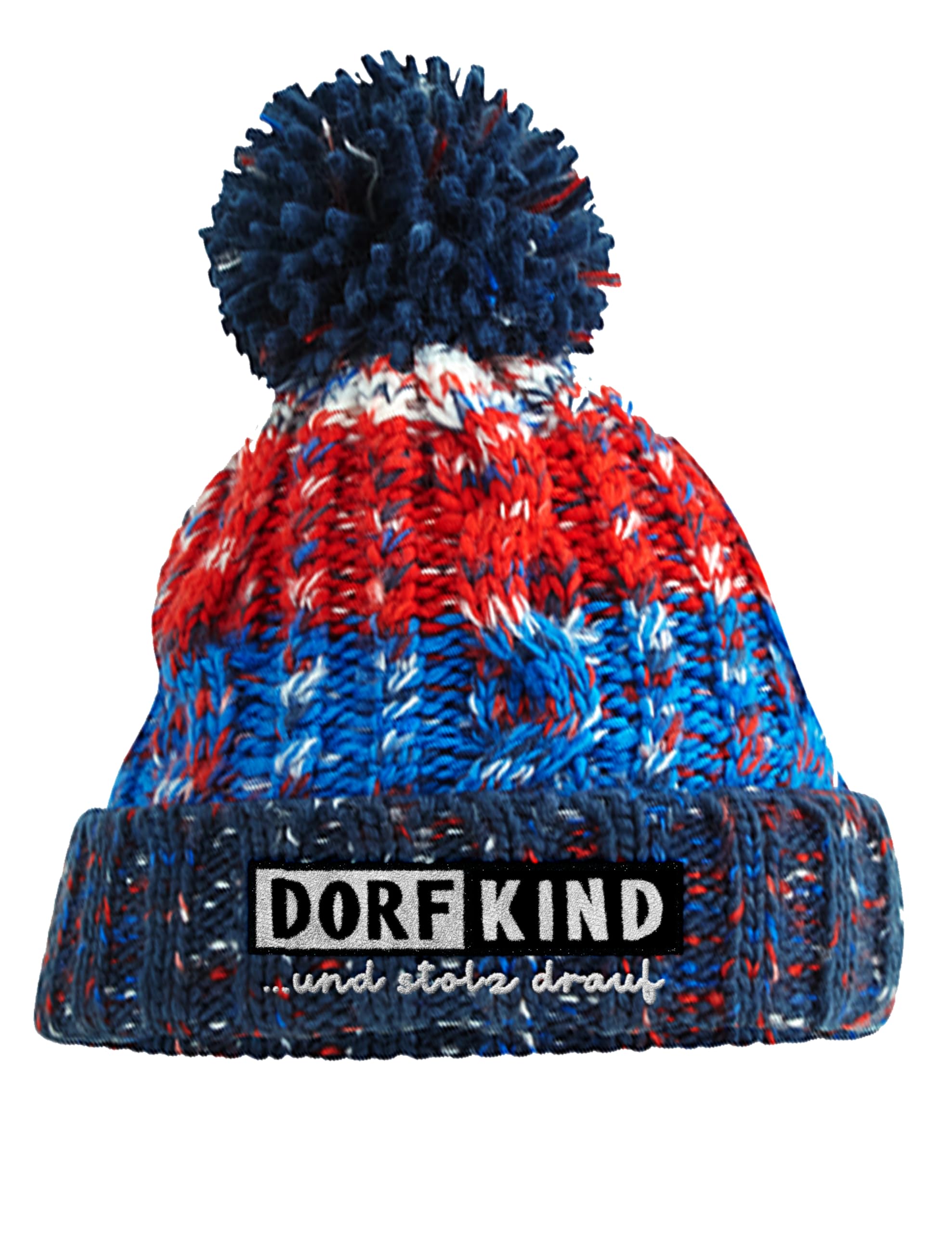 Bommelmütze mit Stickerei Dorfkind und stolz Drauf aus mehrfarbigem Strick mit Zopfmuster doppellagig warm gefüttert mit Thermalband Unisex Wintermütze