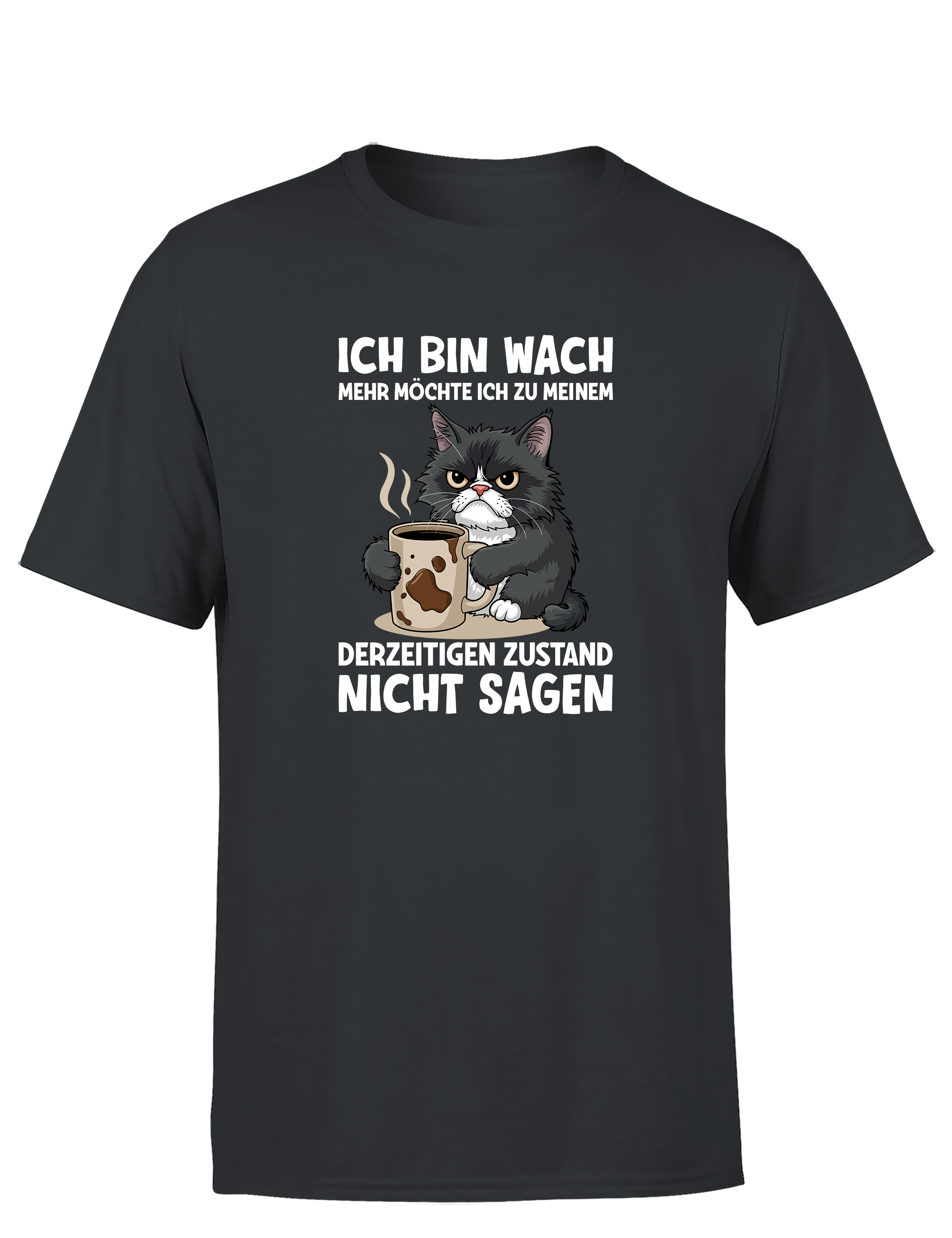 Lustiges Herren T-Shirt „Ich bin wach – mehr möchte ich dazu nicht sagen“ | Müde-Katzen Spruchshirt für Morgenmuffel