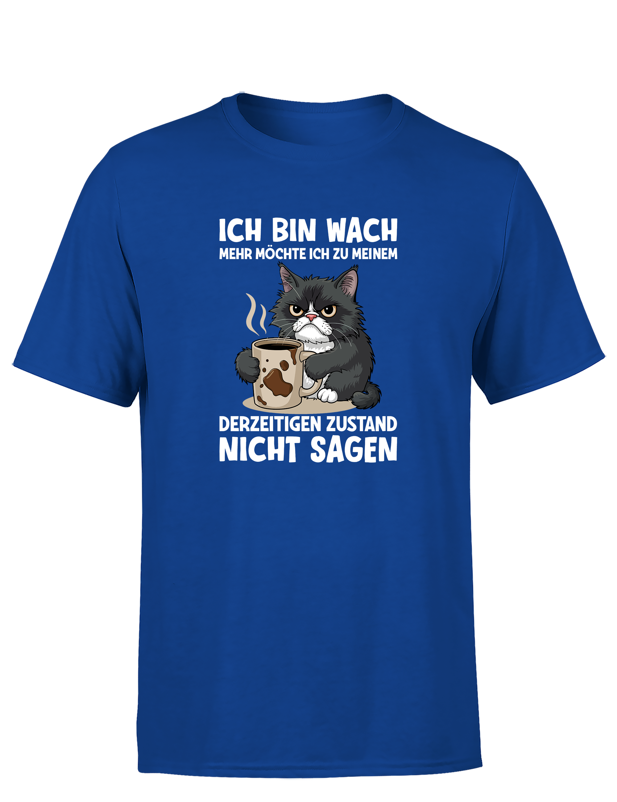 Lustiges Herren T-Shirt „Ich bin wach – mehr möchte ich dazu nicht sagen“ | Müde-Katzen Spruchshirt für Morgenmuffel