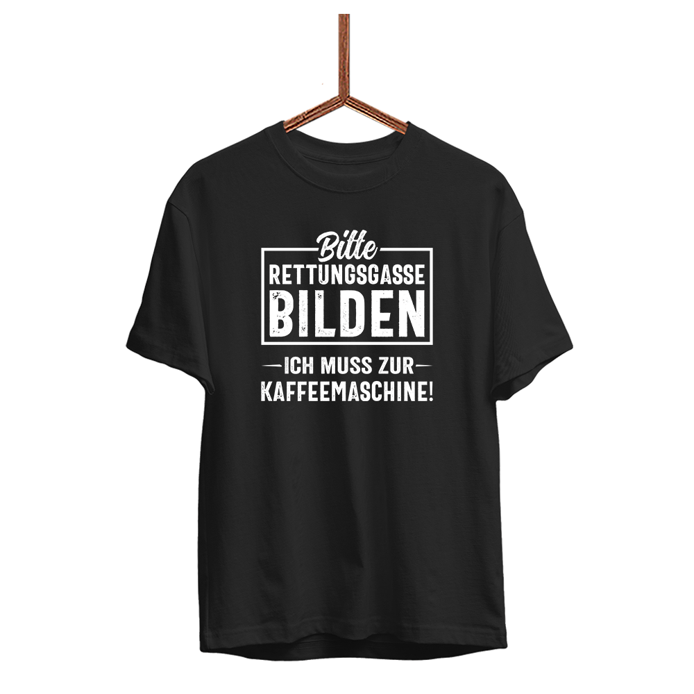 Herren T-Shirt Bitte Rettungsgasse bilden ich muss zur Kaffeemaschine - Schwarzer - Kaffee