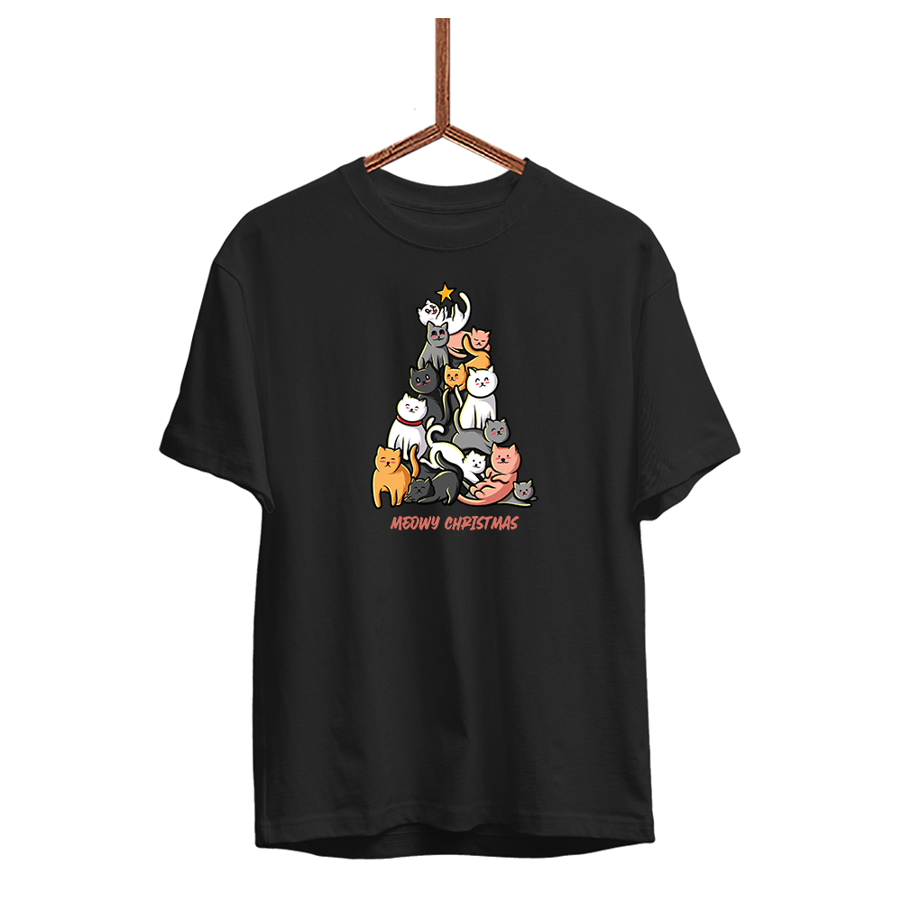 Herren T-Shirt Meowy Christmas - Schwarzer - Kaffee