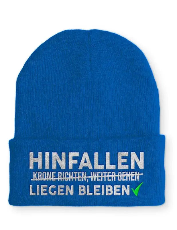 Hinfallen liegen bleiben Statement Beanie Mütze mit Spruch - tshirtladen - Mütze
