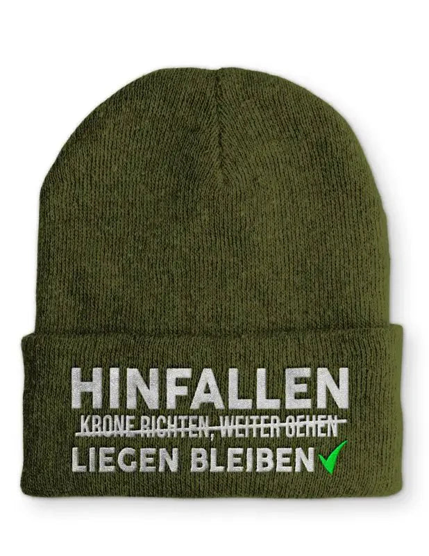Hinfallen liegen bleiben Statement Beanie Mütze mit Spruch - tshirtladen - Mütze