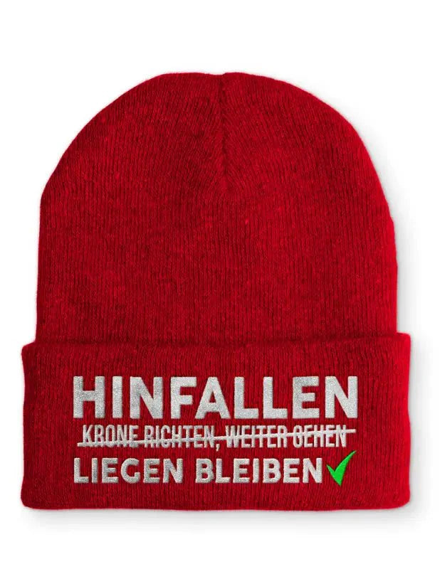 Hinfallen liegen bleiben Statement Beanie Mütze mit Spruch - tshirtladen - Mütze