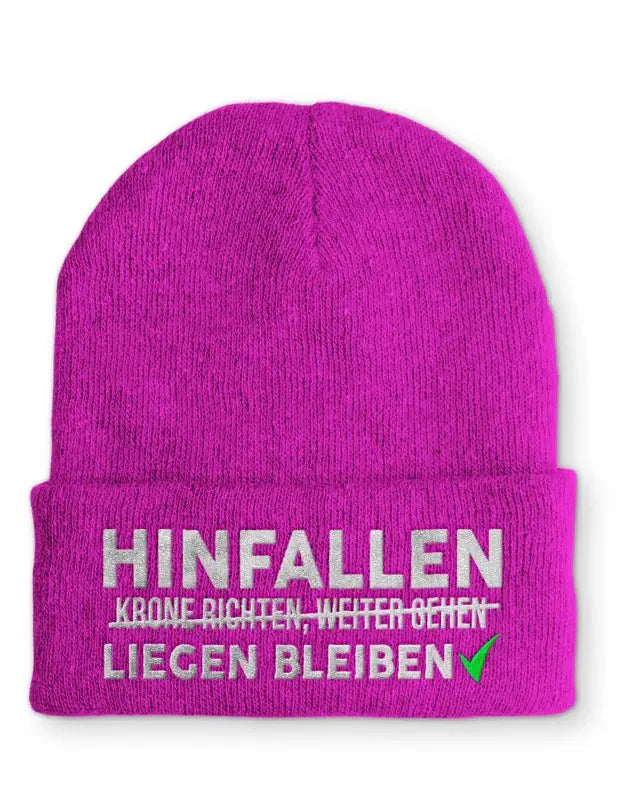 Hinfallen liegen bleiben Statement Beanie Mütze mit Spruch - tshirtladen - Mütze