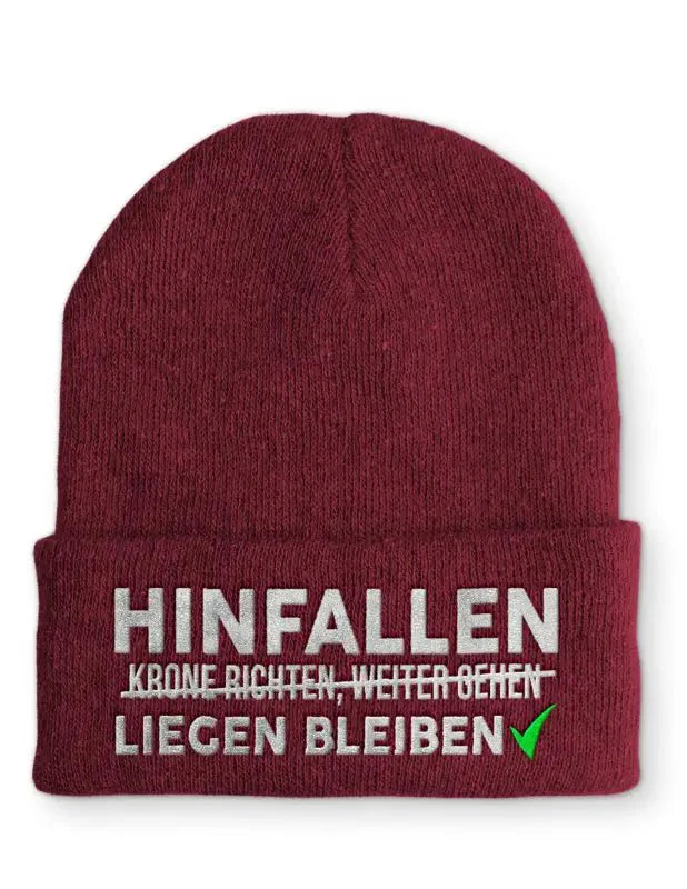 Hinfallen liegen bleiben Statement Beanie Mütze mit Spruch - tshirtladen - Mütze