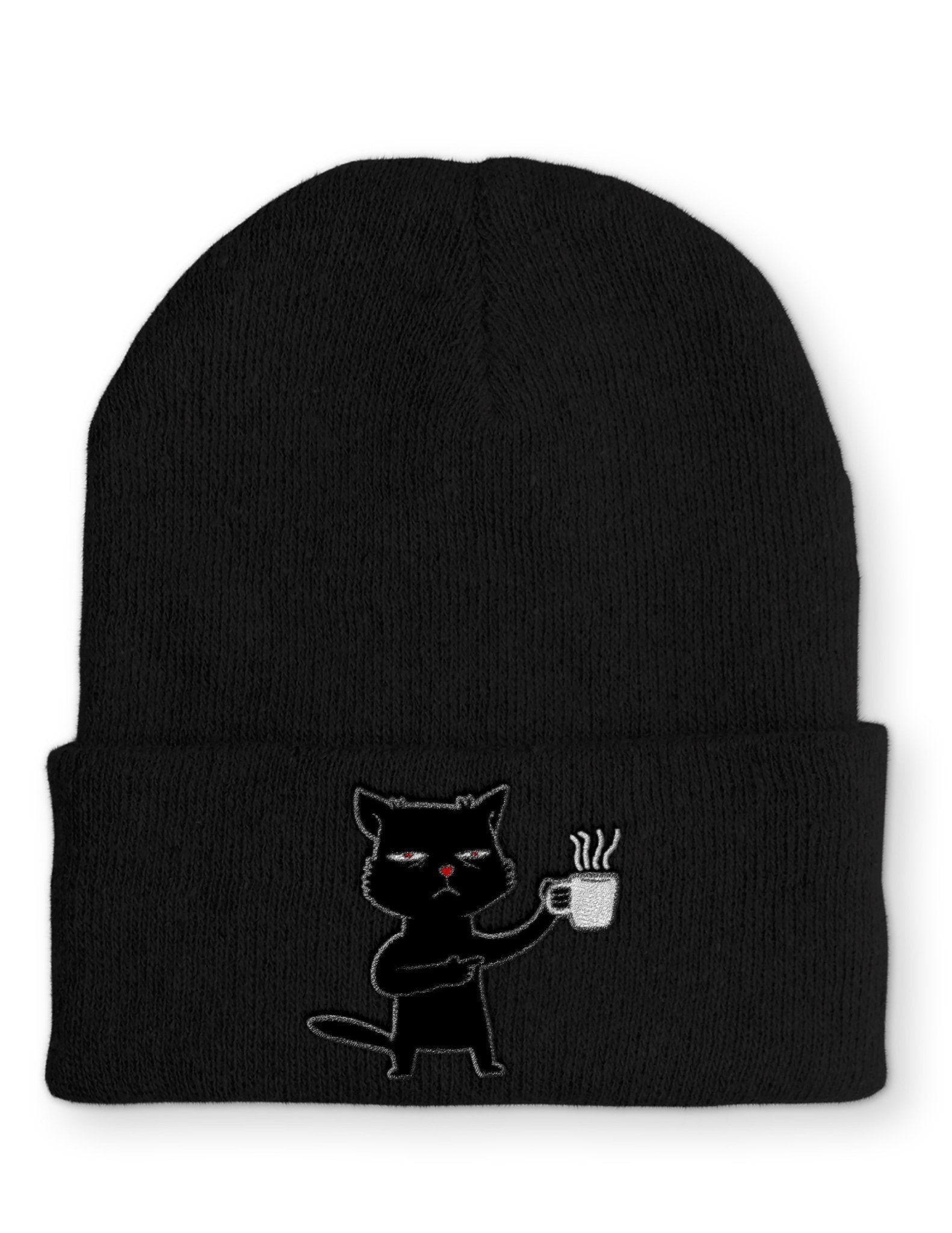 Katze Müde mit Kaffee Beanie Mütze mit Spruch - tshirtladen - Mütze