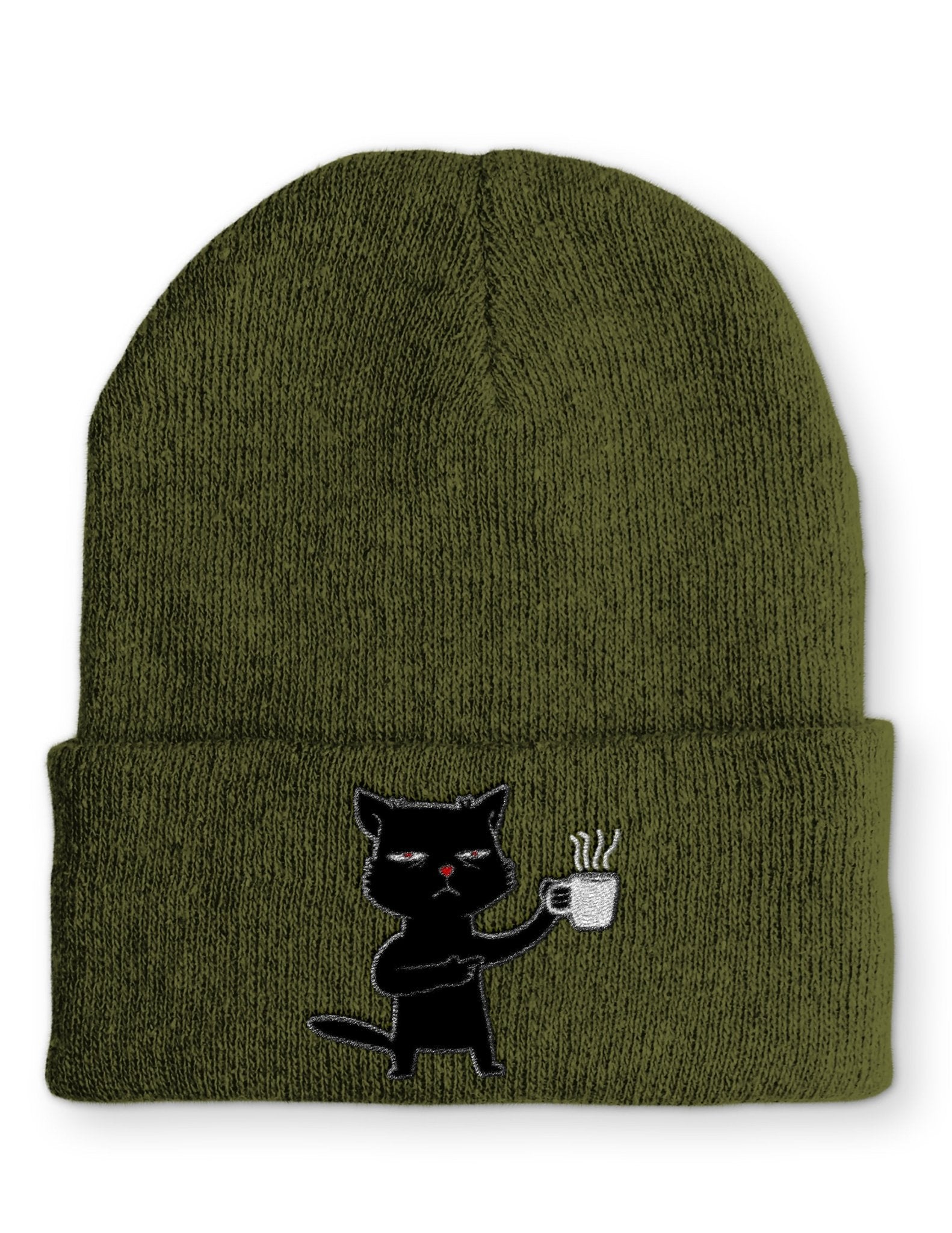 Katze Müde mit Kaffee Beanie Mütze mit Spruch - tshirtladen - Mütze