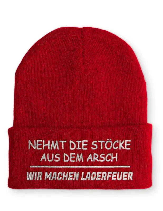 Nehmt die Stöcke aus dem Arsch Wir machen Lagerfeuer Statement Beanie Mütze mit Spruch - tshirtladen - Mütze