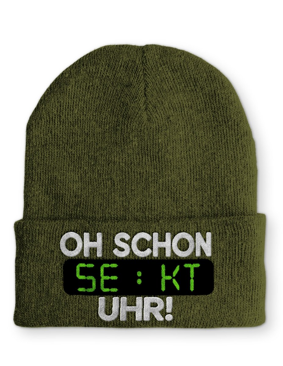 Oh schon Sekt Uhr Statement Beanie Mütze mit Spruch - Schwarzer - Kaffee