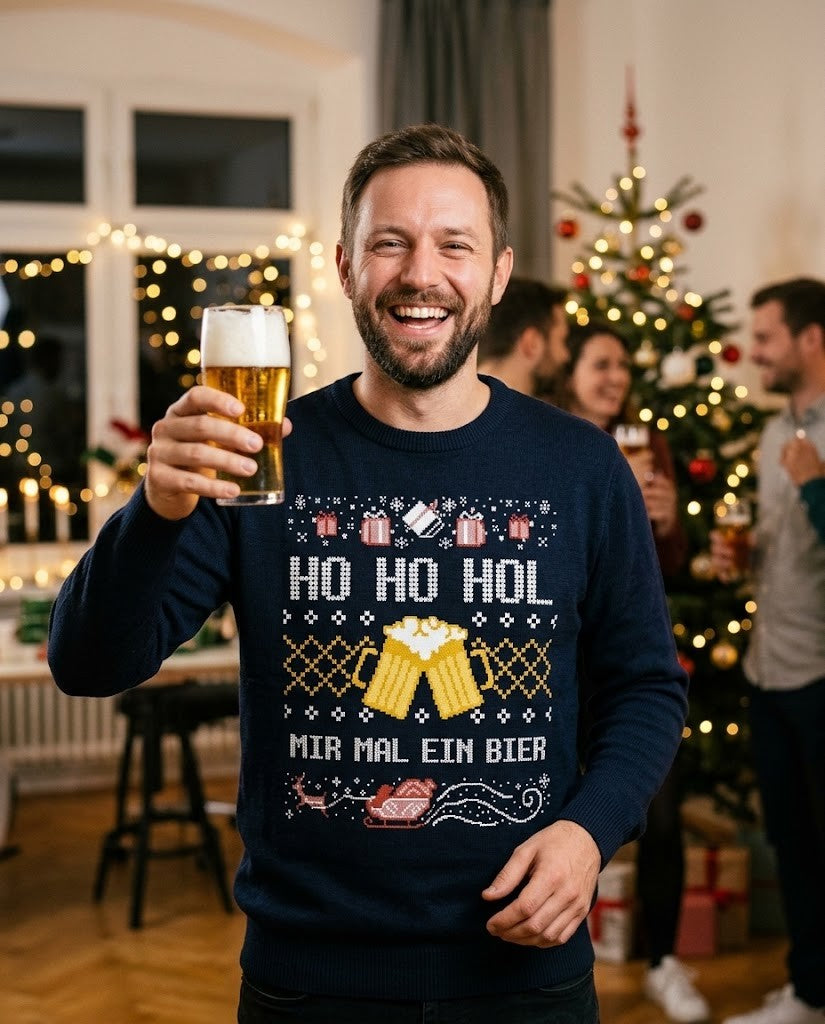 Mann im Weihnachtssweatshirt „Ho Ho Hol mir mal ein Bier“ mit Bier auf einer Weihnachtsfeier