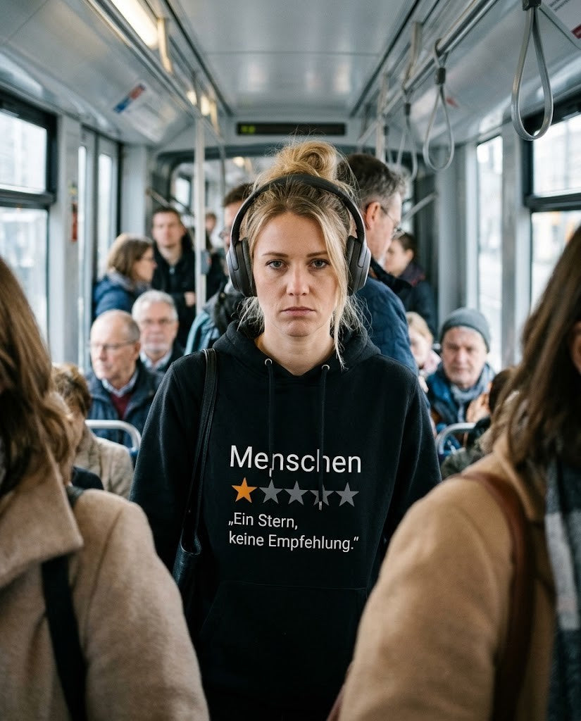 Genervte Frau im Hoodie „Menschen – ein Stern, keine Empfehlung“ in einer vollen Straßenbahn