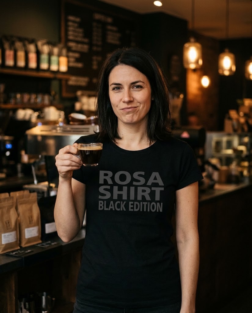 Frau im schwarzen T-Shirt „Rosa Shirt Black Edition“ mit einer Tasse schwarzem Kaffee in einer Kaffeebar