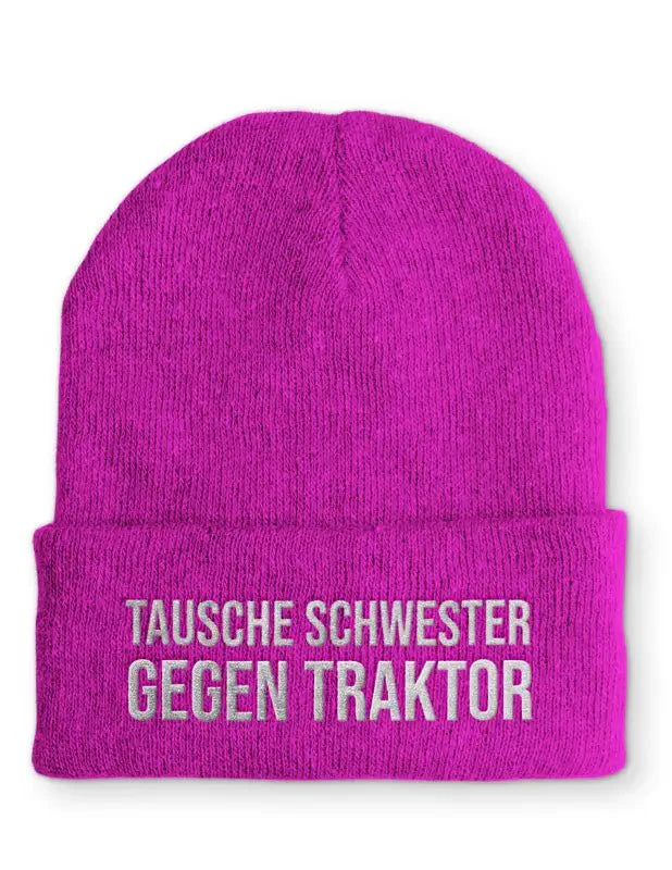 Tausche Schwester gegen Traktor Statement Beanie Mütze mit Spruch - tshirtladen - Mütze