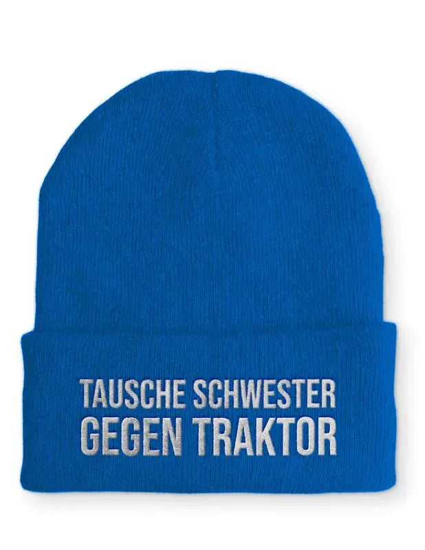 Tausche Schwester gegen Traktor Statement Beanie Mütze mit Spruch - tshirtladen - Mütze