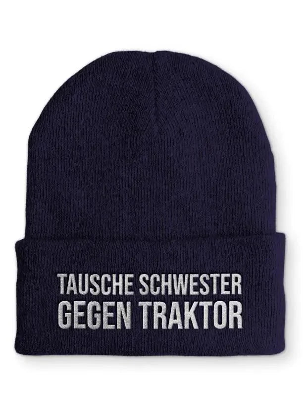 Tausche Schwester gegen Traktor Statement Beanie Mütze mit Spruch - tshirtladen - Mütze