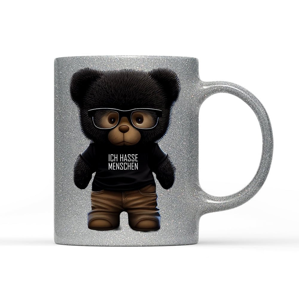 Tasse Glitzer Teddybär Ich hasse Menschen - Schwarzer - Kaffee