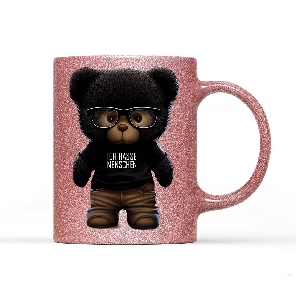 Tasse Glitzer Teddybär Ich hasse Menschen - Schwarzer - Kaffee