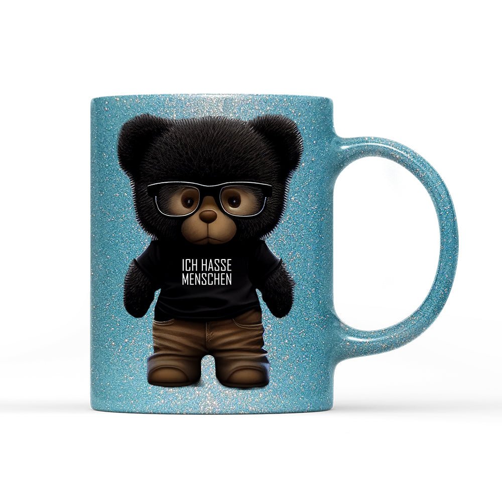 Tasse Glitzer Teddybär Ich hasse Menschen - Schwarzer - Kaffee